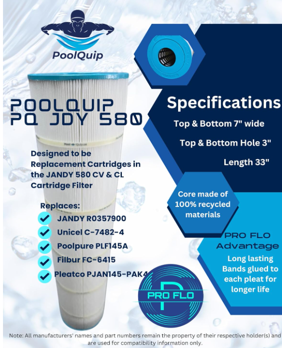 PQJDY580 Professional Grade Pool Filter Replaces Jandy CL580, CV580, PJAN145, Ultral-A10, Unicel C-7482, Filbur FC-0820, A0104100, R0357900, Filbur FC-6415, SD-01109, 145 sqft Cartridge 4 Pk