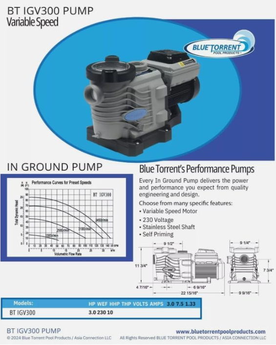 Blue Torrent 3hp Variable Speed Swimming Pool Pump 3Yr Warranty (3.0 HP VS)