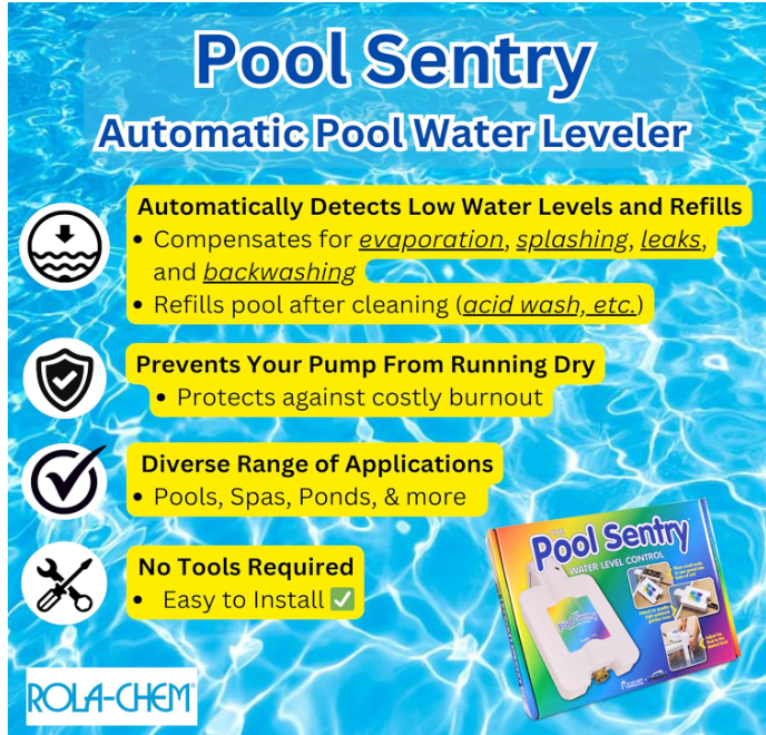 New Rola‑Chem Pool Sentry M‑3000 Automatic Pool Filler – Reliable Auto Pool Filler Inground Pools, Uses Adjustable Float Valve to Prevent Pump Damage from Low Water Levels