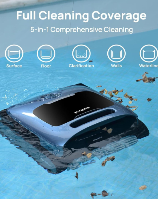 SonicSence Ultrasonic AI Pro Pool Robot Vacuum, 5-in-1 Comprehensive Cleaning, Intelligent Surface Parking, Clarifies Water, Skims Surface, Ideal for Inground Pool up to 3,299 Sq.ft