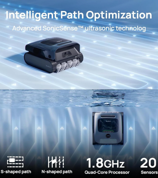 SonicSence Ultrasonic AI Pro Pool Robot Vacuum, 5-in-1 Comprehensive Cleaning, Intelligent Surface Parking, Clarifies Water, Skims Surface, Ideal for Inground Pool up to 3,299 Sq.ft
