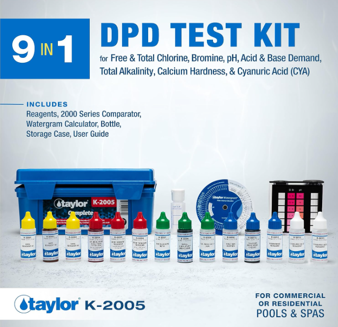 Taylor K2005 High Range Swimming Pool Total and Free Chlorine Bromine Alkalinity Calcium Hardness Base and Acid Demand pH DP Test Kit