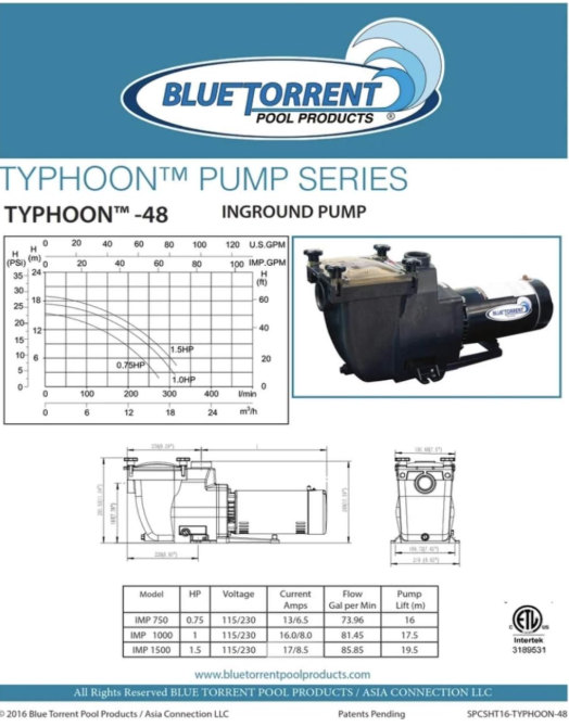 Blue Torrent Typhoon 1.5 HP 48 Frame In Ground Replacement Pool Pump
