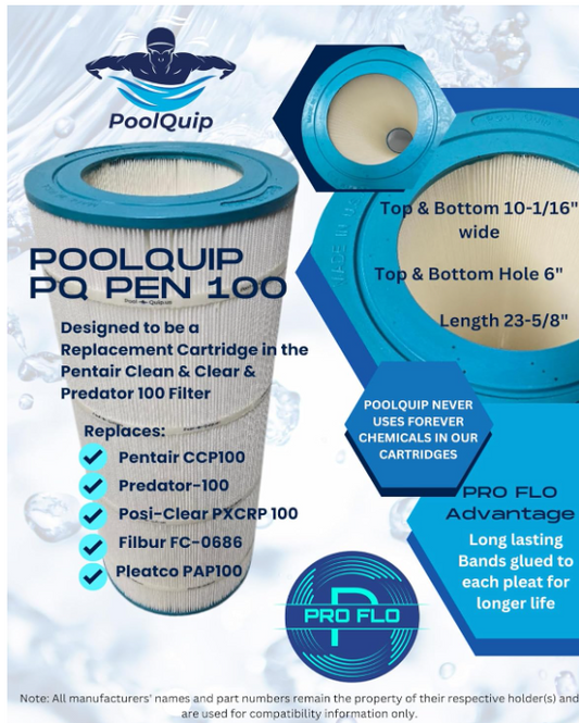 PQ Pen 100 Cartridge Replaces Pentair CC100, CCRP100, PAP100, Unicel C-9410, R173215, FC-0686, 160316 Predator 100, L x OD:23 5/8" x 10 1/16" Premium Grade Made in The USA