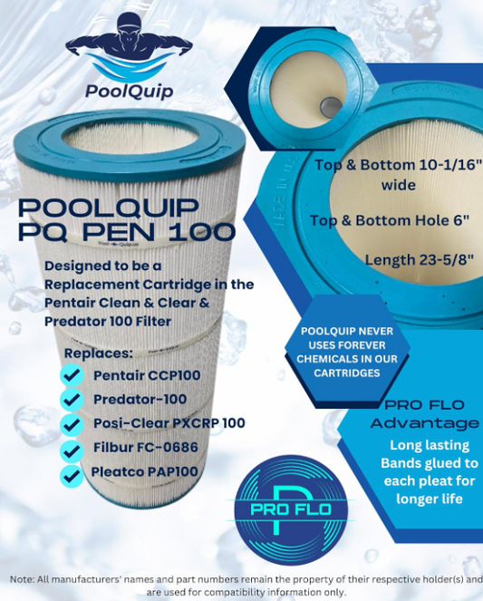 PQ Pen 100 Cartridge Replaces Pentair CC100, CCRP100, PAP100, Unicel C-9410, R173215, FC-0686, 160316 Predator 100, L x OD:23 5/8" x 10 1/16" Premium Grade Made in The USA