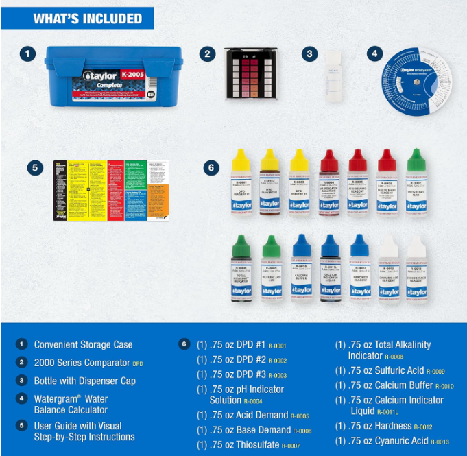 Taylor K2005 High Range Swimming Pool Total and Free Chlorine Bromine Alkalinity Calcium Hardness Base and Acid Demand pH DP Test Kit